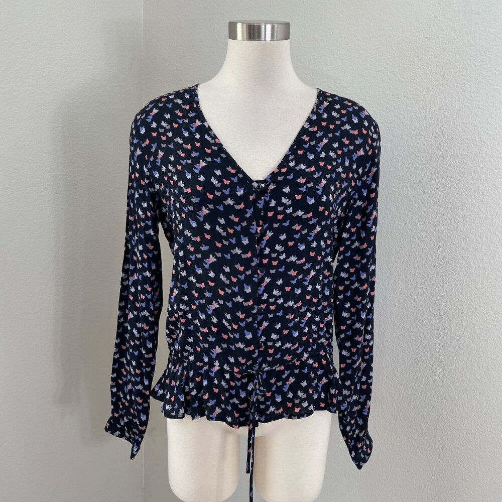 Rails Womens Medium Beaux Mariposa Navy Butterfly Blouse V Neck Long‎ Sleeve Top
